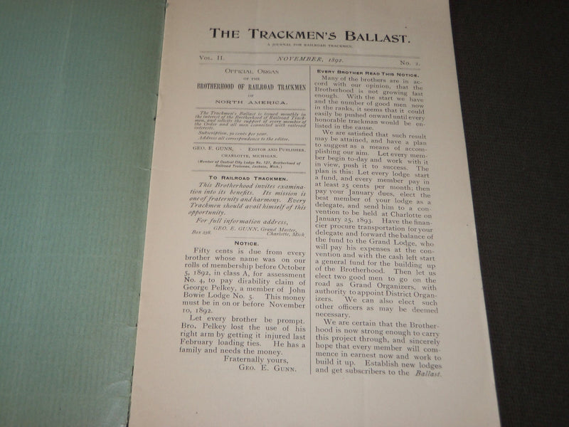1892 NOVEMBER THE TRACKMEN'S BALLAST MONTHLY MAGAZINE VOLUME 2 NO. 2 - J 3182