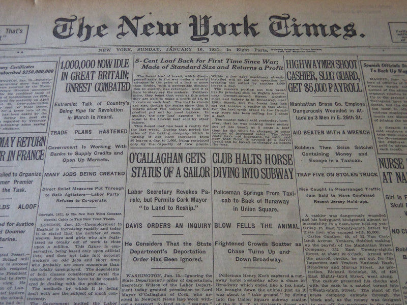 1921 JAN 16 NEW YORK TIMES - 5 CENT LOAF BACK - FIRST TIME SINCE WAR - NT 6128