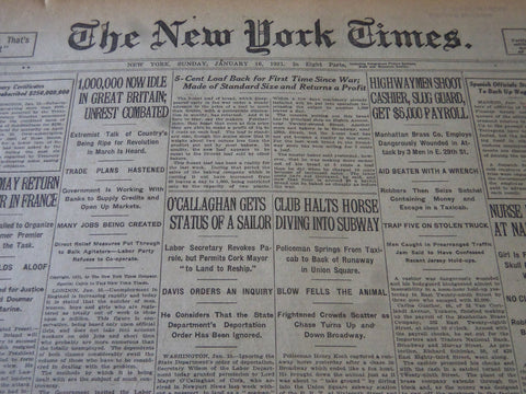 1921 JAN 16 NEW YORK TIMES - 5 CENT LOAF BACK - FIRST TIME SINCE WAR - NT 6128