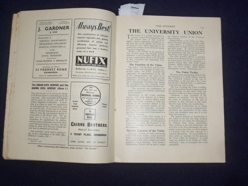 1938 FEB 1 THE STUDENT EDINBURGH UNIVERSITY MAGAZINE - JUBILEE NUMBER - J 9473