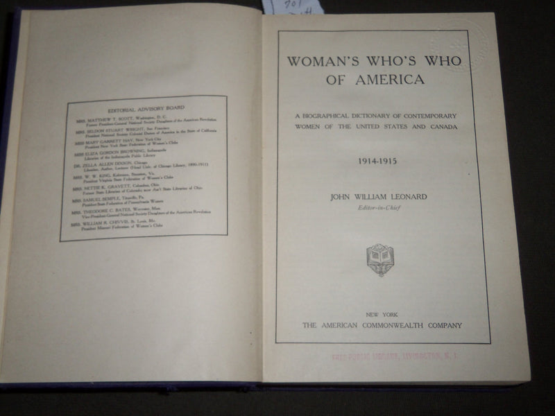 1914 WOMAN'S WHO'S WHO OF AMERICA BOOK EDITED BY JOHN WILLIAM LEONARD - KD 4752