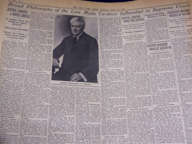 1938 JULY 10 NEW YORK TIMES - BENJAMIN CARDOZO DEAD AT 68 - NT 2390