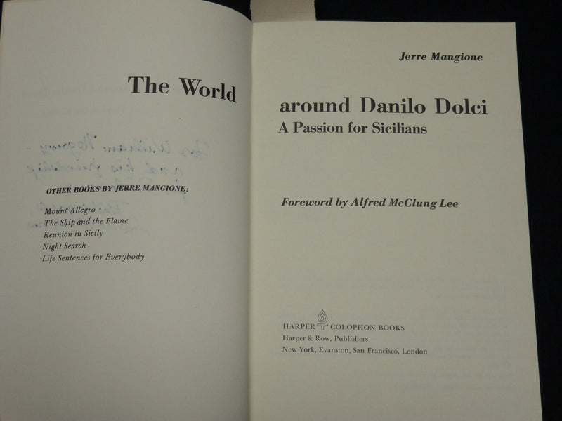1972 THE WORLD AROUND DANILO DOLCI BOOK INSCRIBED BY JERRE MANGIONE - D 463
