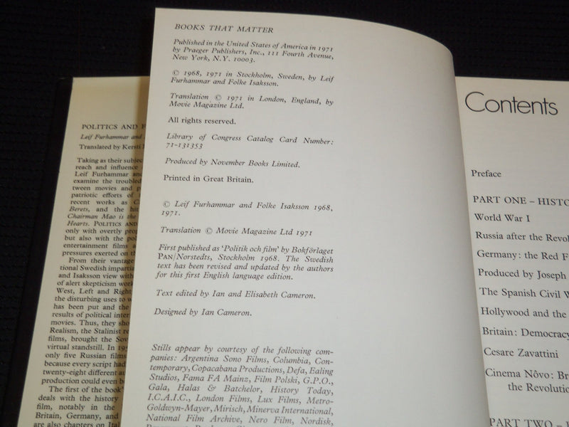 1971 POLITICS AND FILM HARDCOVER BOOK BY LEIF FURHAMMAR & ISAKSSON - KD 7657