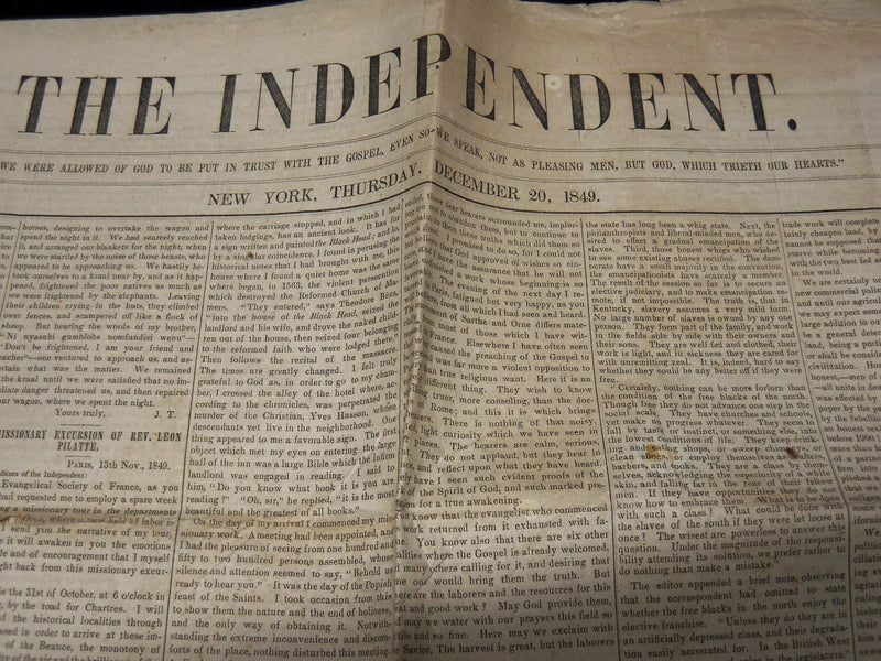 1849 DECEMBER 20 THE INDEPENDENT NEWSPAPER - ZULUS - VOLUME 1 NO. 55 - NP 3879L