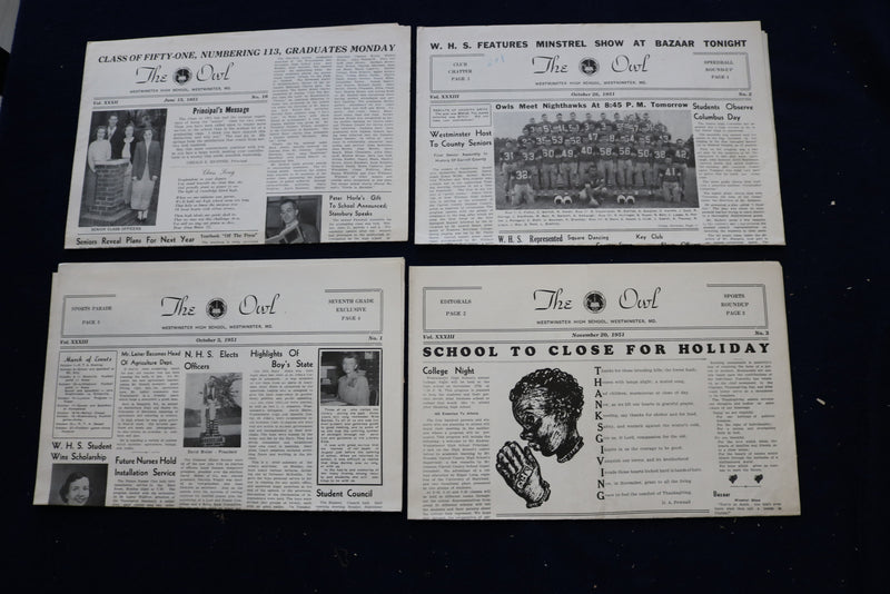 1949-1954 THE OWL NEWSPAPER - WESTMINSTER (MD) HIGH SCHOOL - LOT OF 48 - NP 8905