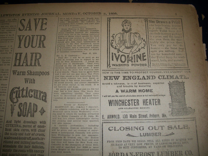 1898 OCT-DEC LEWISTON EVENING JOURNAL NEWSPAPER VOLUME - LEWISTON MAINE - BV 10