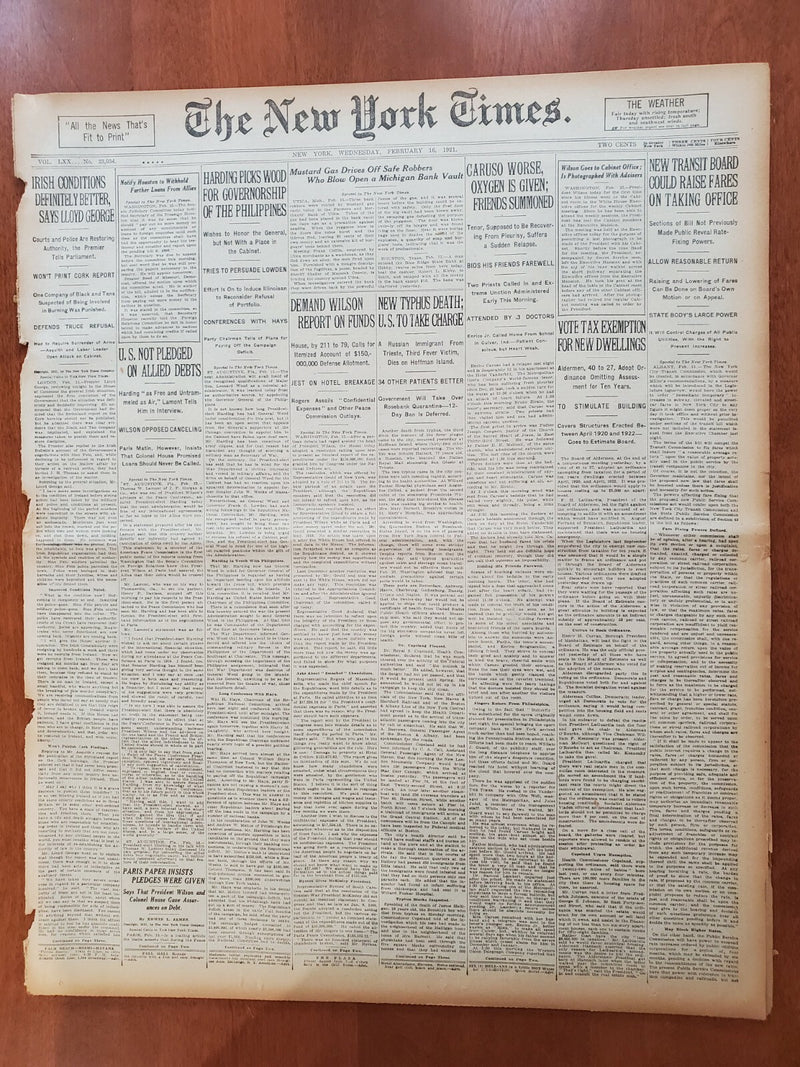 1921 FEBRUARY 16 NEW YORK TIMES - CARUSO WORSENS, OXYGEN IS GIVEN - NT 8125