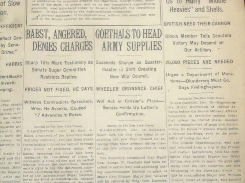 1917 DECEMBER 19 NEW YORK TIMES - GOETHALS TO HEAD ARMY SUPPLIES - NT 8273