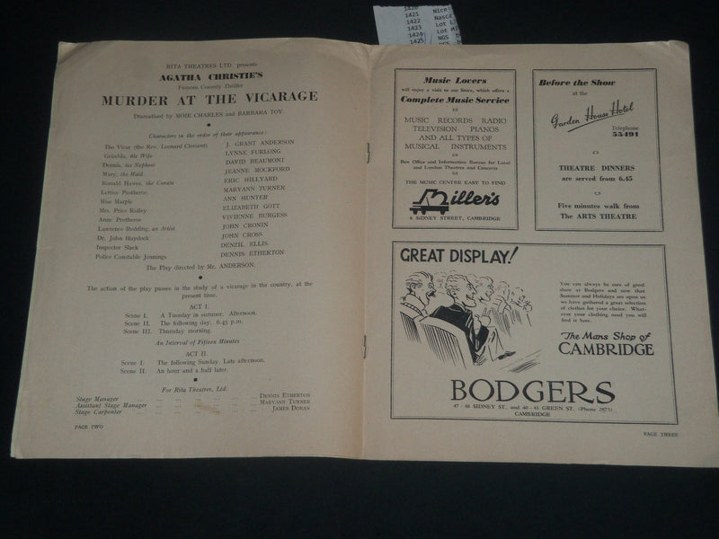 1956 MURDER AT THE VICARAGE CAMBRIDGE ARTS THEATRE PROGRAM - J 4279