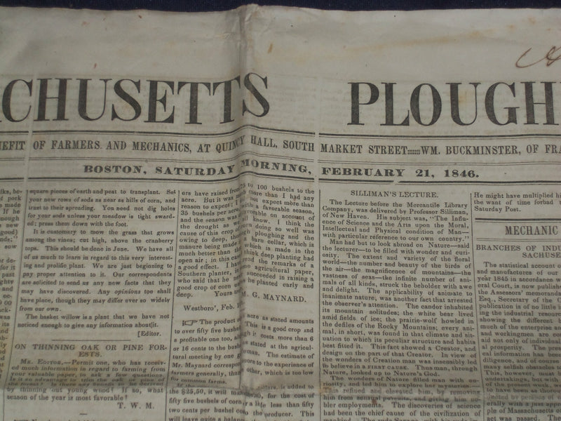 1846 FEBRUARY 21 MASSACHUSETTS PLOUGHMAN NEWSPAPER - SILLIMAN'S LECTURE- NP 5119