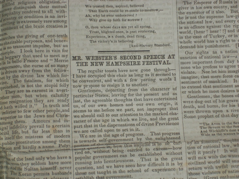 1849 NOVEMBER 17 MASSACHUSETTS PLOUGHMAN NEWSPAPER-DANIEL WEBSTER SPEECH-NP 5174