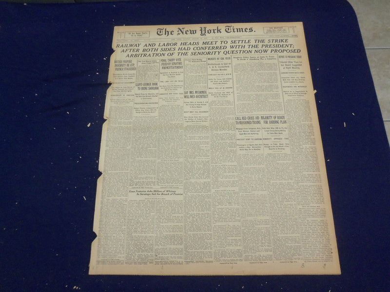 1922 AUGUST 13 NEW YORK TIMES - RAILWAY AND LABOR MEET TO SETTLE STRIKE- NT 8371