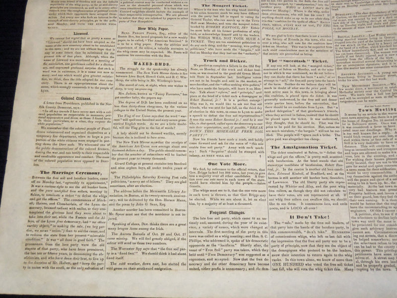 1849 NOVEMBER 9 LYNN NEWS NEWSPAPER - WIG NOMINATIONS - MASSACHUSETTS - NP 4252P