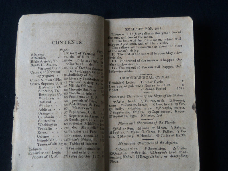 1818 WALTON'S VERMONT REGISTER AND ALMANAC NO. 1 - SOFTCOVER - J 3918