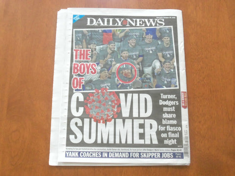 2020 OCTOBER 29 NEW YORK DAILY NEWS NEWSPAPER- JUSTIN TURNER POSITIVE CELEBRATES