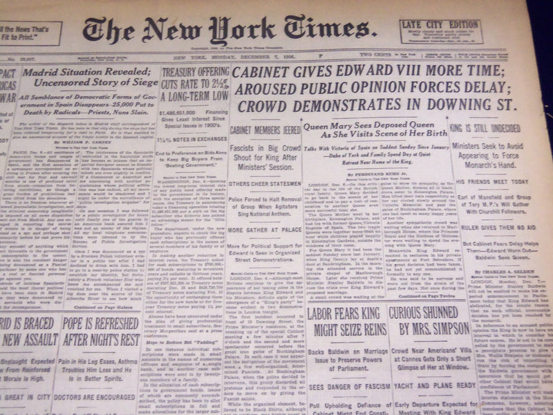 1936 DEC 7 NEW YORK TIMES - CABINET GIVES EDWARD VIII MORE TIME - NT 2120