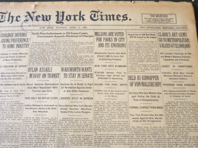 1925 APRIL 7 NEW YORK TIMES - CLARKS' ART GEMS GO TO METROPOLITAN - NT 5432