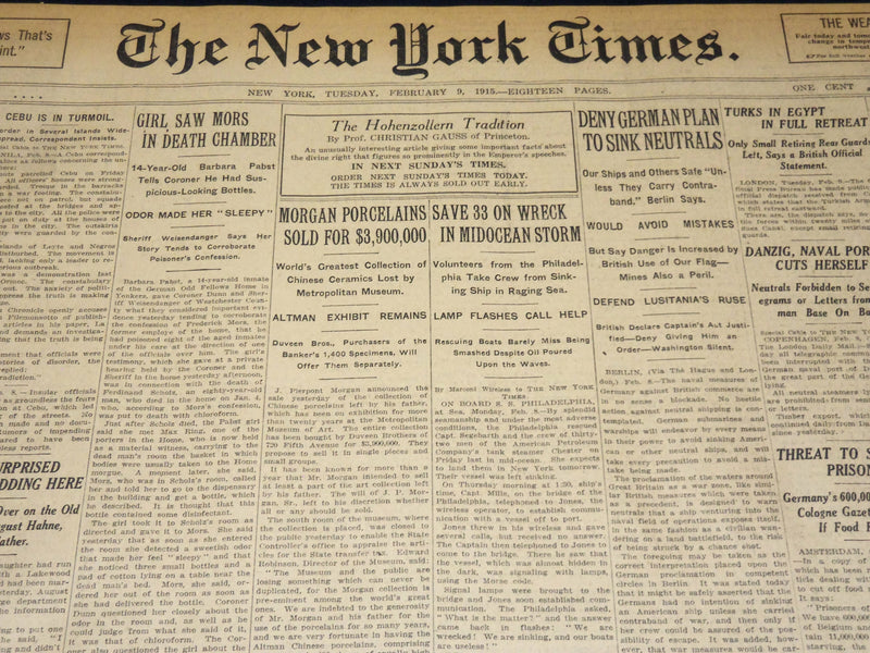 1915 FEBRUARY 9 NEW YORK TIMES - MORGAN PORCELAINS SOLD FOR $3,900,00 - NT 7769