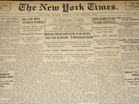 1915 FEBRUARY 9 NEW YORK TIMES - MORGAN PORCELAINS SOLD FOR $3,900,00 - NT 7769