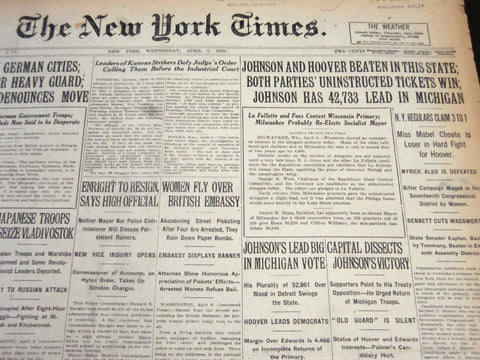 1920 APRIL 7 NEW YORK TIMES - JOHNSON & HOOVER BEATEN IN THIS STATE - NT 5872