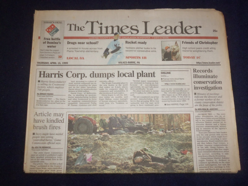 1999 APRIL 15 WILKES-BARRE TIMES LEADER -HARRIS CORP. DUMPS LOCAL PLANT- NP 8252