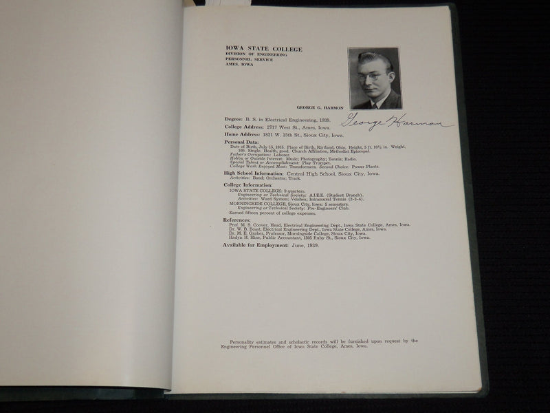 1939 IOWA STATE COLLEGE ENGINEERING PERSONNEL SERVICE - SIGNATURES - J 9999D