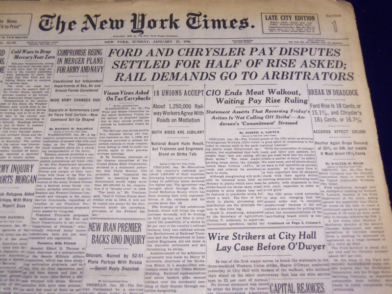 1946 JANUARY 27 NEW YORK TIMES - FORD & CHRYSLER PAY DISPUTES SETTLED - NT 854