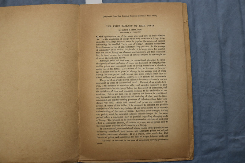 1912 THE PRICE FALLACY OF HIGH COSTS BY RALPH H. HESS - SOFTCOVER BOOK - K 3220