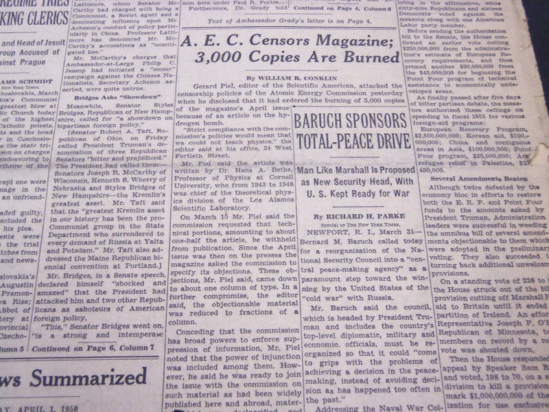 1950 APRIL 1 NEW YORK TIMES - AEC CENSURS MAGAZINE, 3,000 COPIES BURNED- NT 4641