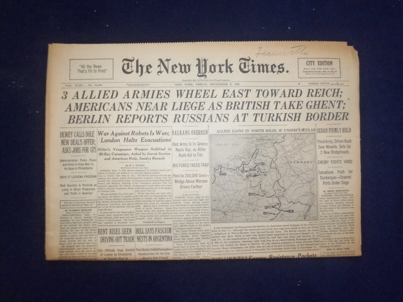 1944 SEP 8 NEW YORK TIMES - 3 ALLIED ARMIES WHEEL EAST TOWARD REICH - NP 6617
