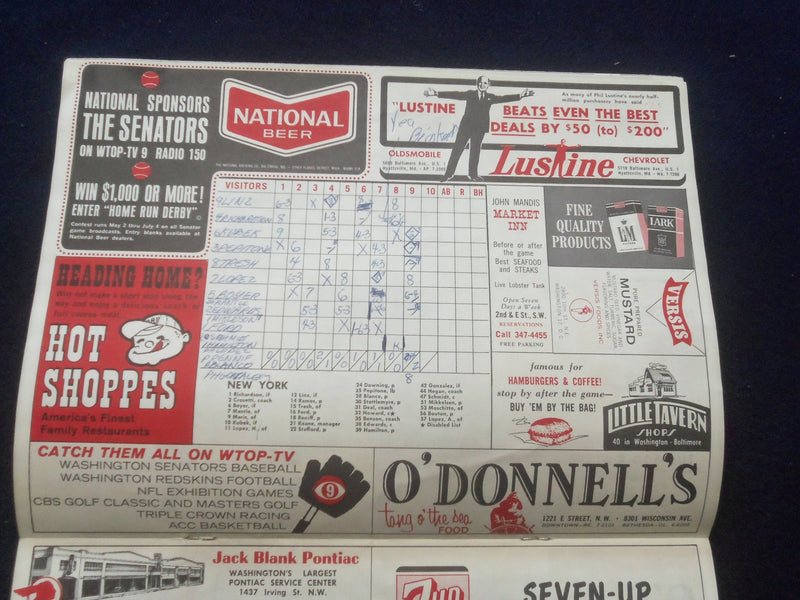 1965 WASHINGTON SENATORS VS. NEW YORK YANKEES SCORECARD - J 8398