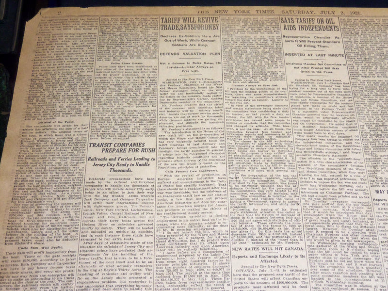 1921 JULY 2 NEW YORK TIMES NEWSPAPER- ALL READY FOR GREAT FISTIC BATTLE- NT 8693