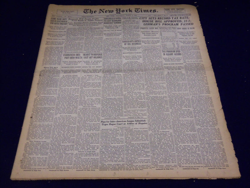 1938 MARCH 2 NEW YORK TIMES - GABRIELE D'ANNUNZIO DIES AT 74 - NT 2852