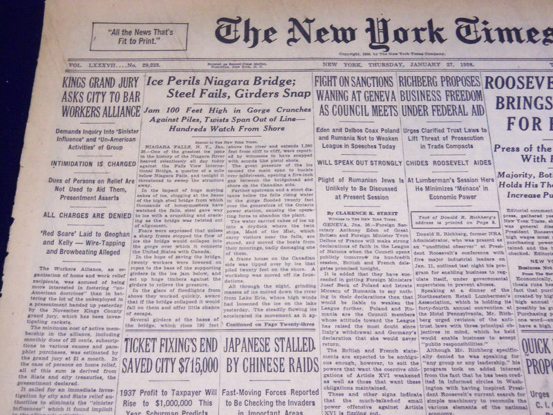 1938 JANUARY 27 NEW YORK TIMES - ICE PERILS NIAGARA BRIDGE, STEEL FAILS- NT 2418