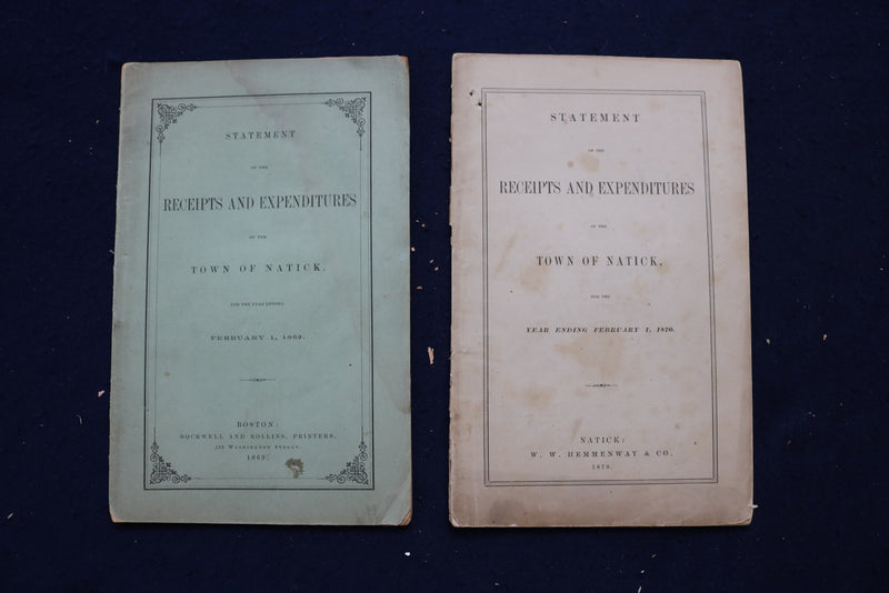 1859-1889 TOWN OF NATICK RECEIPTS AND EXPENDITURE REPORTS - LOT OF 24 - O 3393