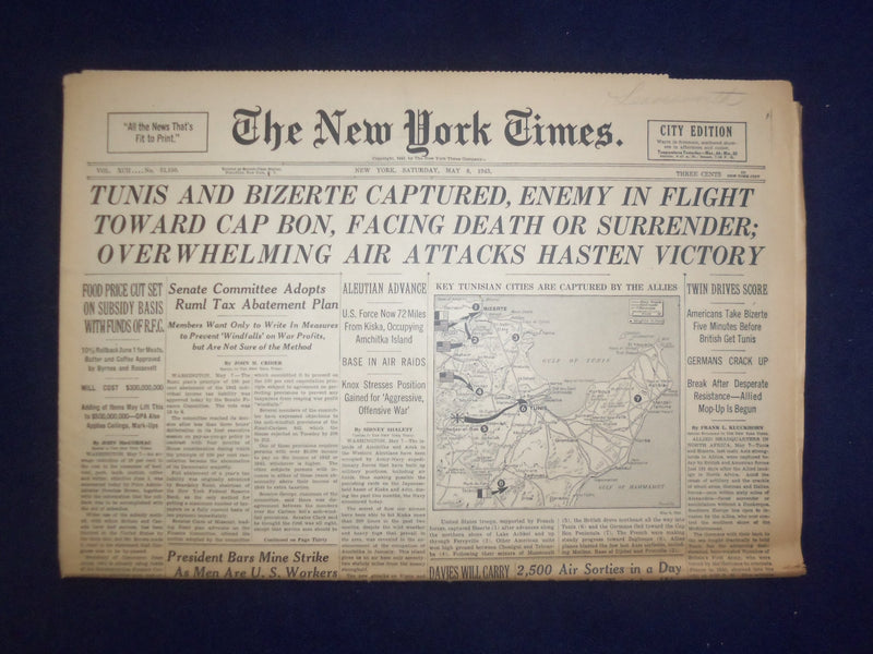 1943 MAY 8 NEW YORK TIMES - TUNIS AND BIZERTE CAPTURED, ENEMY IN FLIGHT- NP 6534