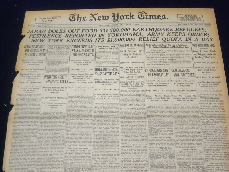 1923 SEP 7 NEW YORK TIMES - JAPAN DOLES OUT FOOD TO 500,000 - NT 9351