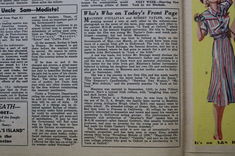 1938 FEB 20 SUNDAY MIRROR NEWSPAPER MAGAZINE SECTION -TAYLOR-O'SULLIVAN- NP 9074