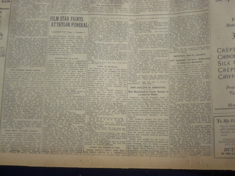 1922 FEBRUARY 8 NEW YORK TIMES - FILM STAR FAINTS AT TAYLOR FUNERAL - NT 9006
