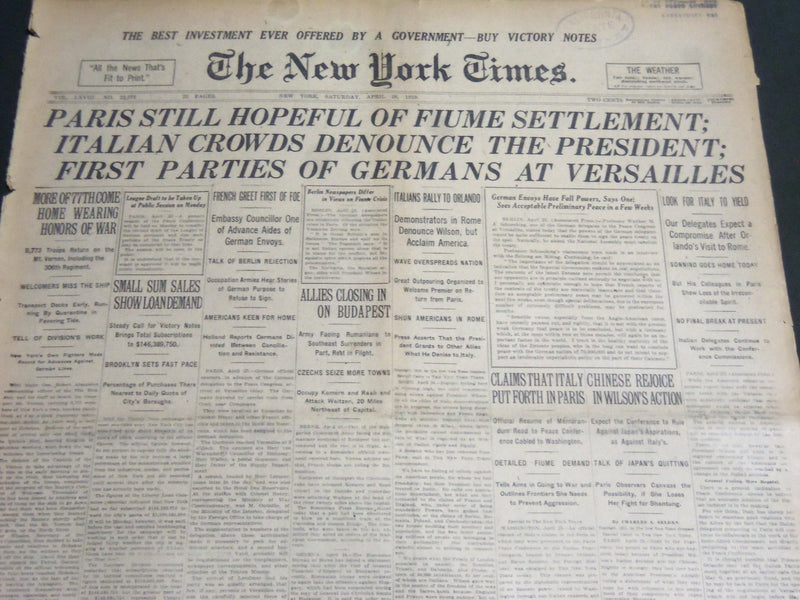 1919 APRIL 26 NEW YORK TIMES - PARIS STILL HOPEFUL OF FIUME SETTLEMENT - NT 6979