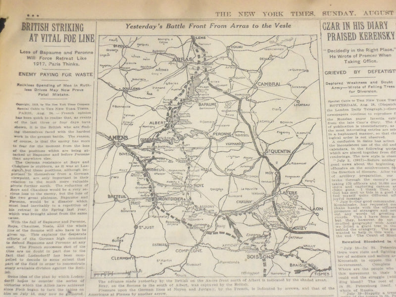 1918 AUGUST 25 NEW YORK TIMES-HAIG CAPTURES BARY, HAS 16,000 PRISIONERS- NT 9201