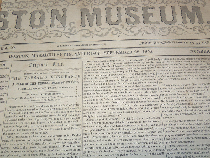 1850 SEPTEMBER 28 BOSTON MUSEUM NEWSPAPER - JENNY LIND LEADING FASHION - NP 9052