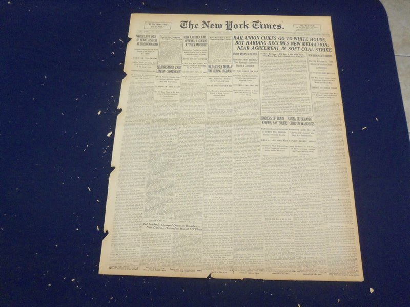 1922 AUGUST 15 NEW YORK TIMES - NORTHCLIFF DIES OF HEART DISEASE - NT 8373