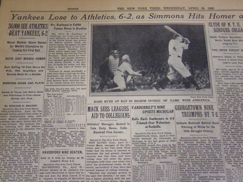 1930 APRIL 16 NEW YORK TIMES - YANKS LOSE OPENER - BABE RUTH - NT 4957