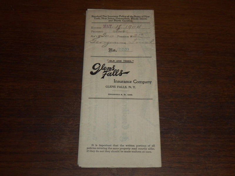 1904 GLENS FALLS INSURANCE POLICY - NEW YORK - K 1104