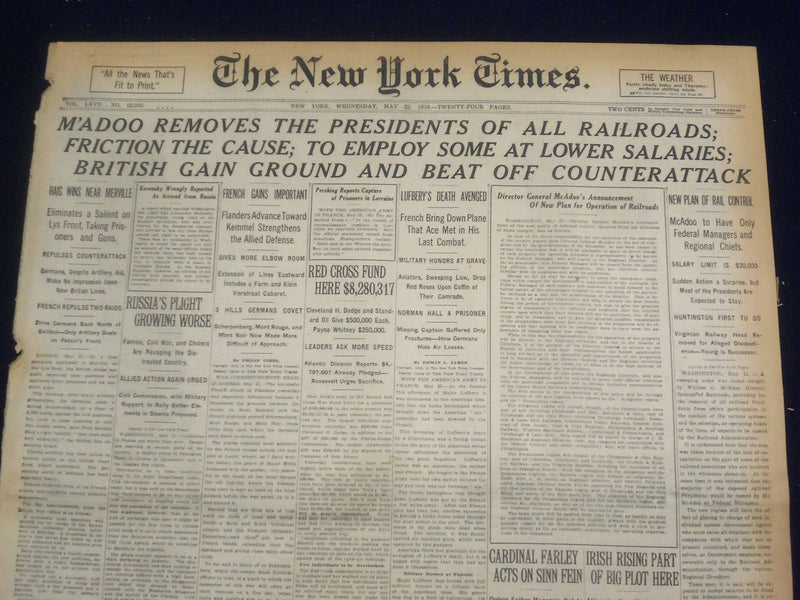 1918 MAY 22 NEW YORK TIMES - M'ADOO REMOVES PRESIDENTS OF RAILROADS - NT 8192