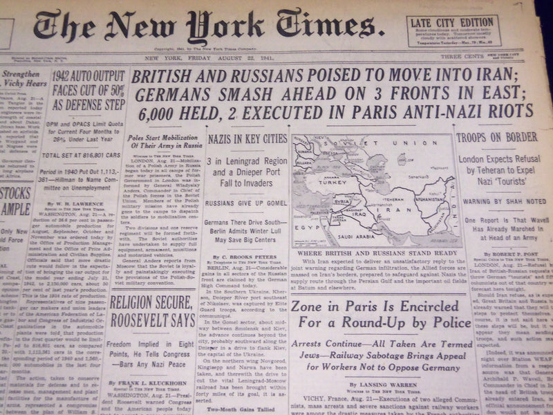 1941 AUG 22 NEW YORK TIMES - GERMANS SMASH AHEAD ON 3 FRONTS IN EAST - NT 1128