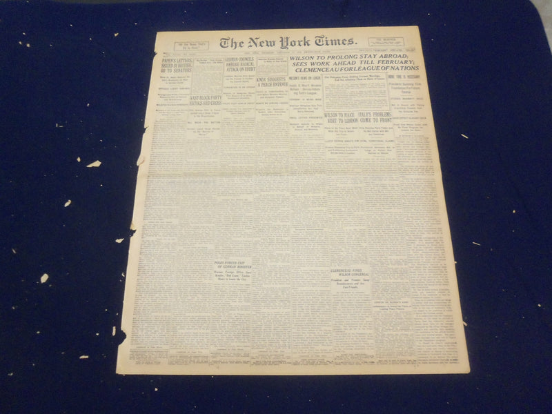 1918 DECEMBER 19 NEW YORK TIMES - WILSON TO PROLONG STAY ABROAD - NT 9182