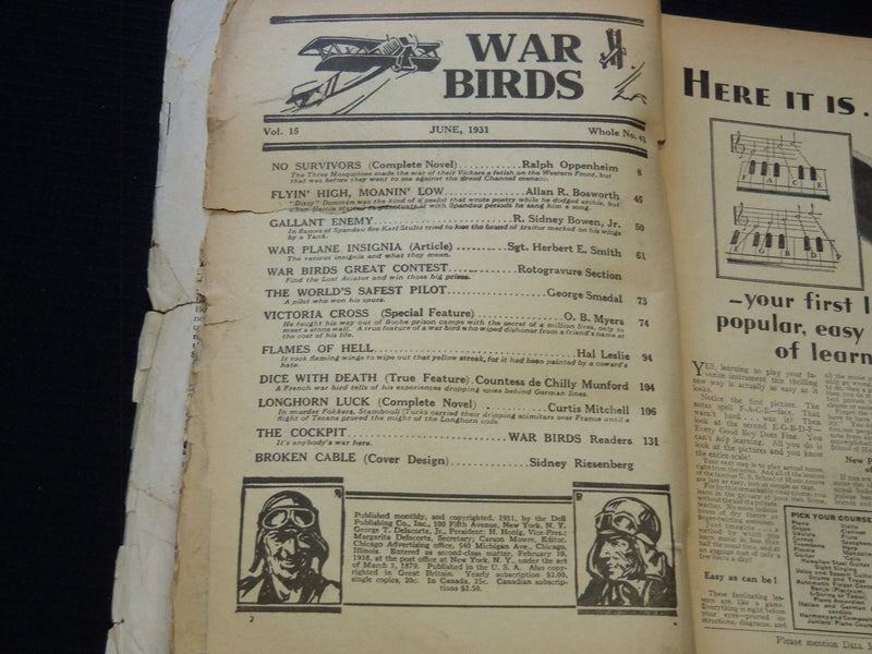 1931 JUNE WAR BIRDS PULP MAGAZINE - LOST AVIATOR - NO SURVIVORS - ST 998P